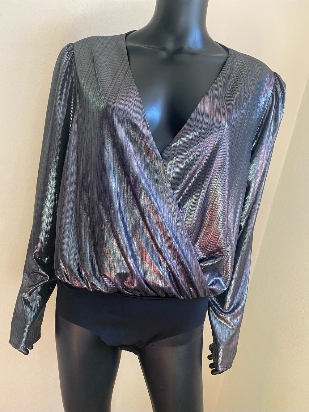 Strut & Bolt Iridescent Metallic Shine Wrap Bodysuit - Black and Gray